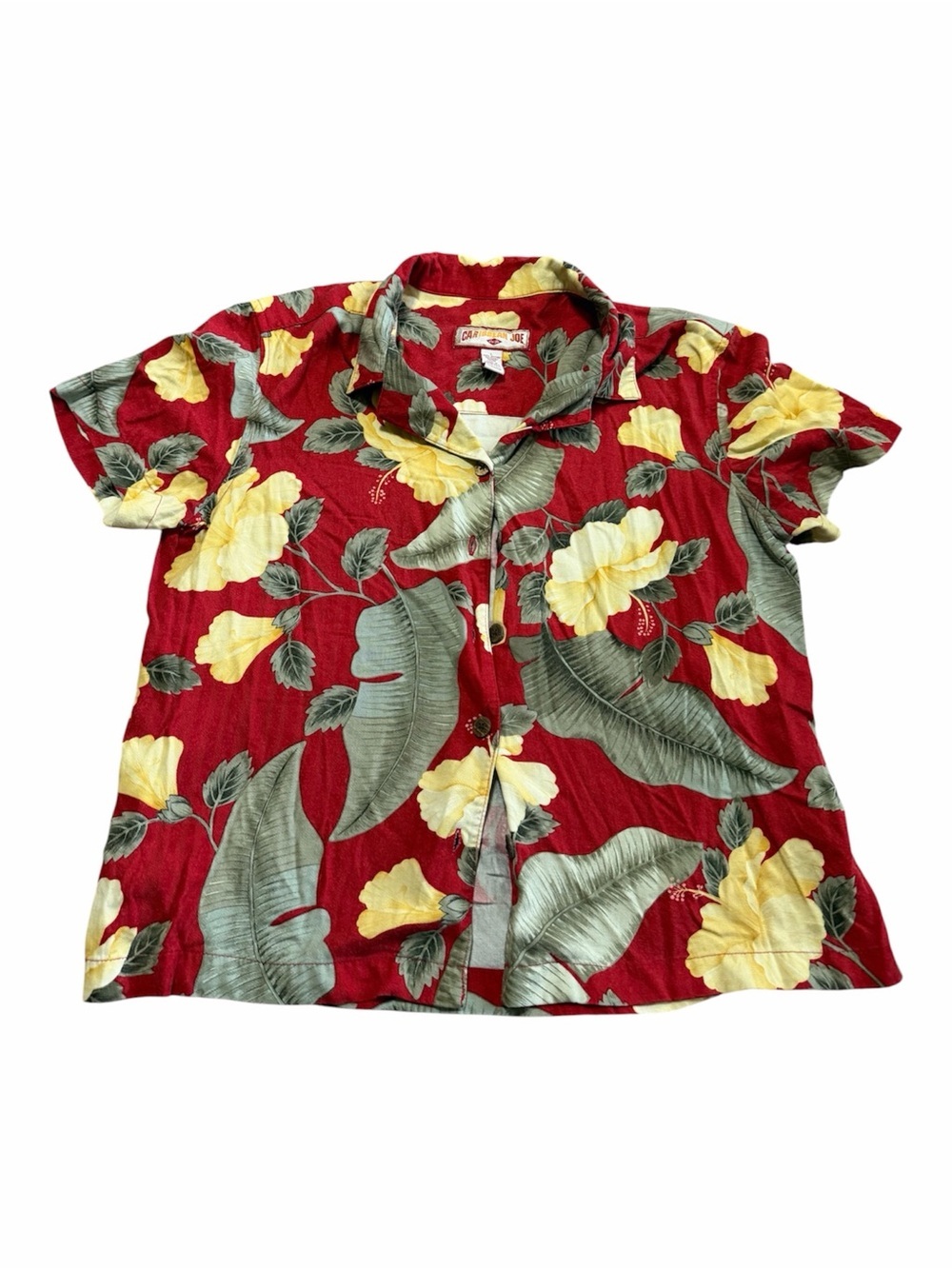 Ladies Hawaiian Shirt Red Tropical Floral Button-Up Size Large Summer Vacation